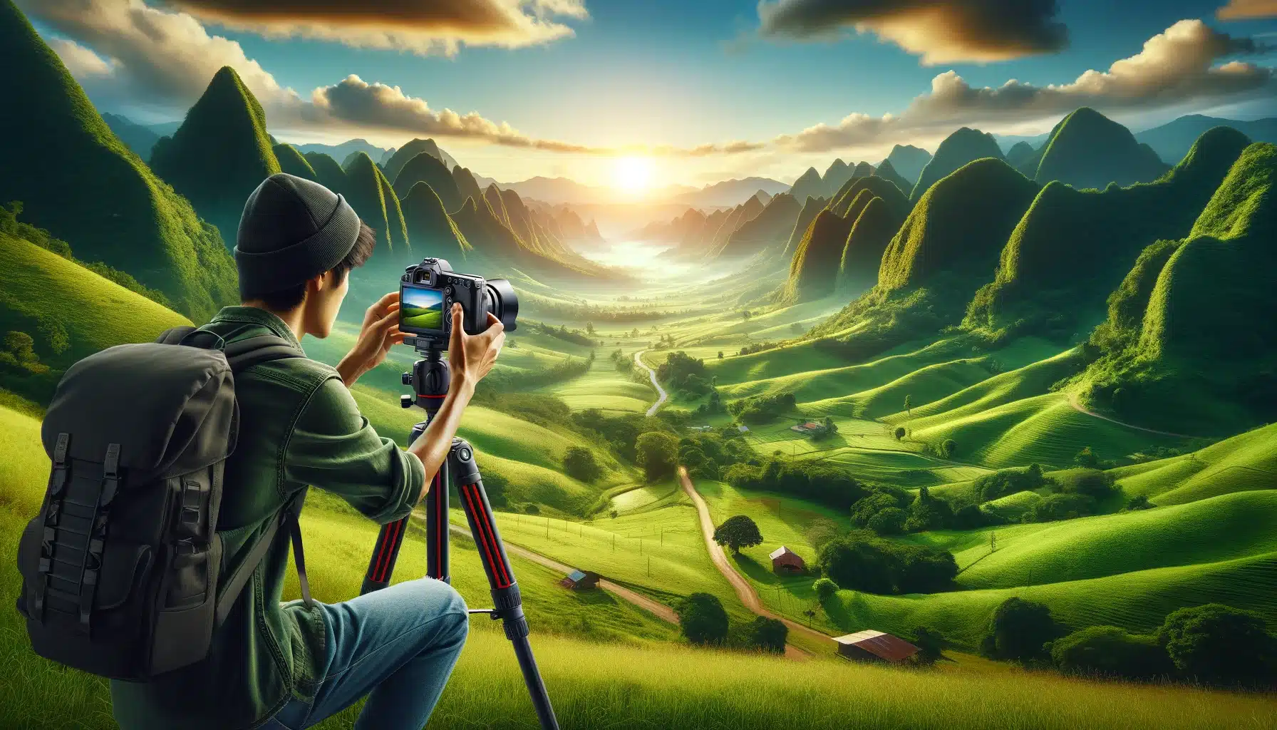 Beginner photographer adjusting a DSLR on a tripod in a lush green valley.