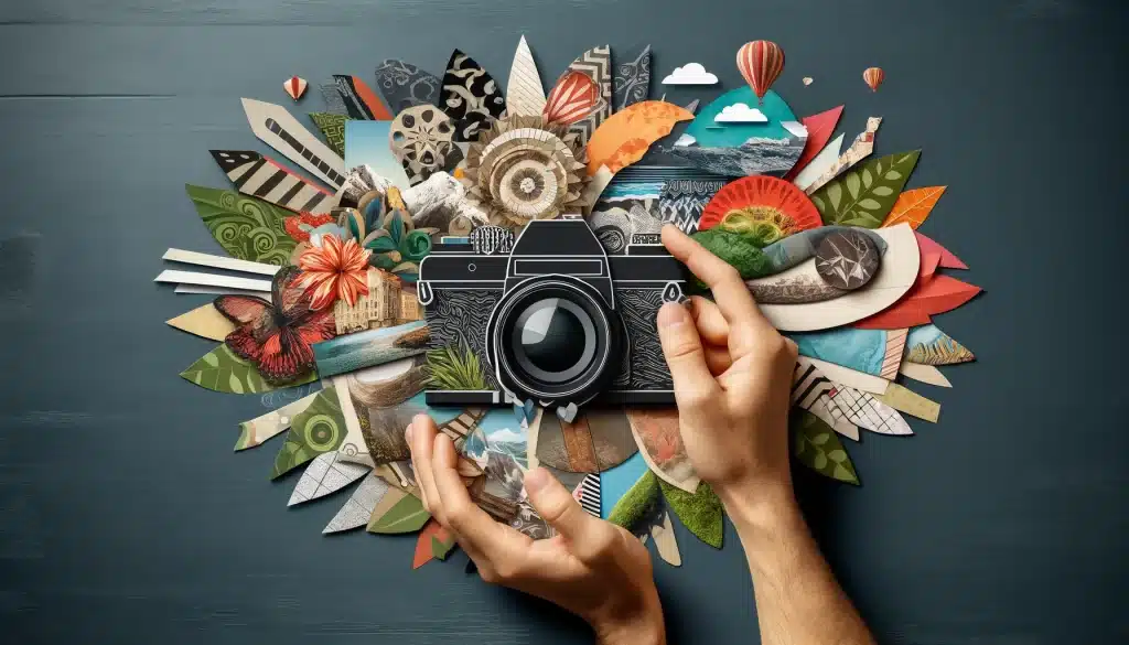 Creative collage of artistic paper cuts and landscape photographs