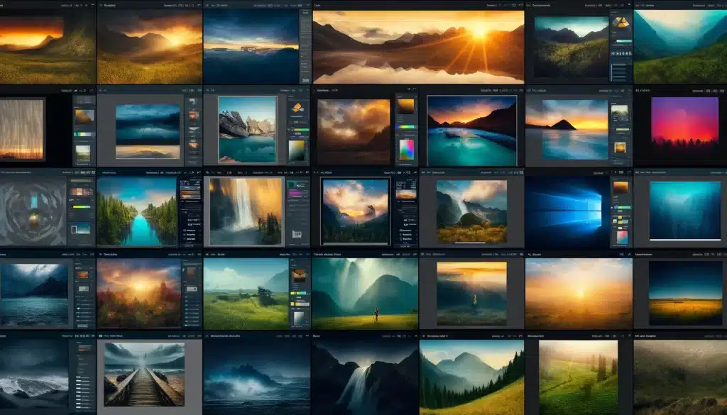 Collage showcasing interfaces of various photo editing software for landscape editing