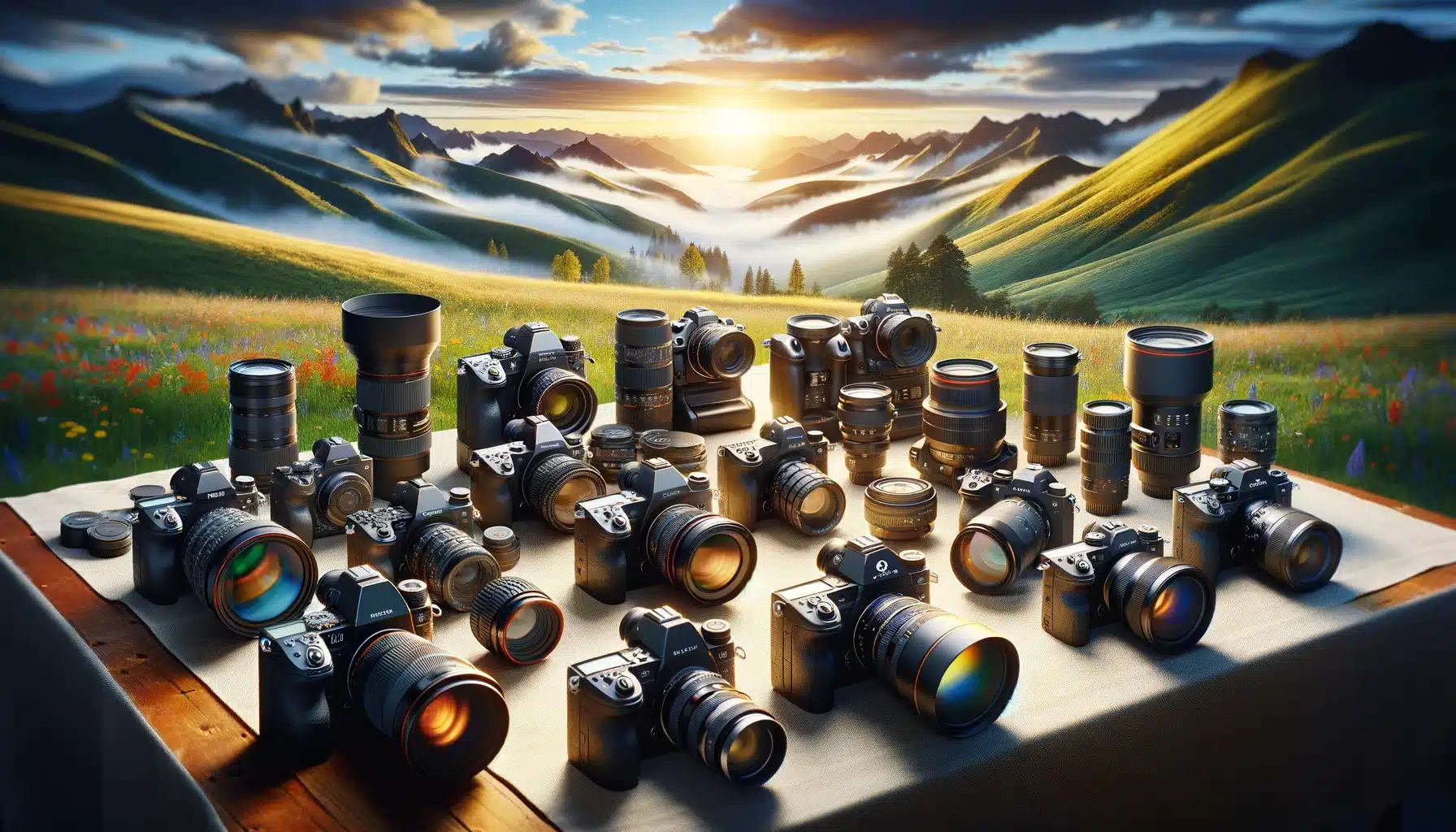 Array of high-end DSLR and mirrorless cameras on a table with a scenic backdrop.