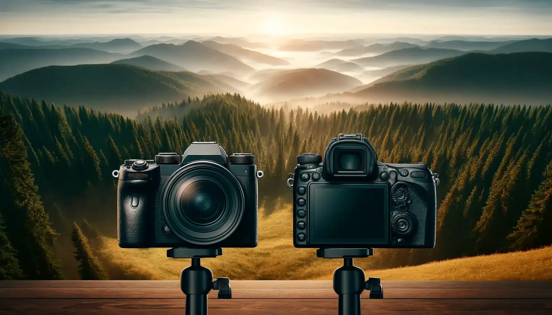 Side-by-side view of mirrorless and DSLR cameras on tripods against a mixed forest and mountain landscape.