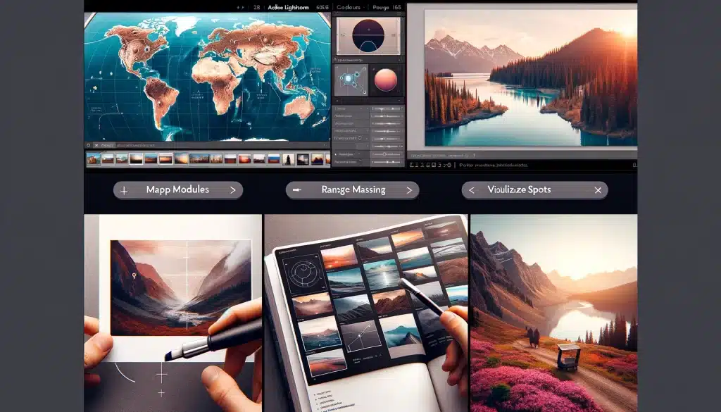 Collage of Lightroom features including Map Module, Range Masking, Visualize Spots, and Book Module