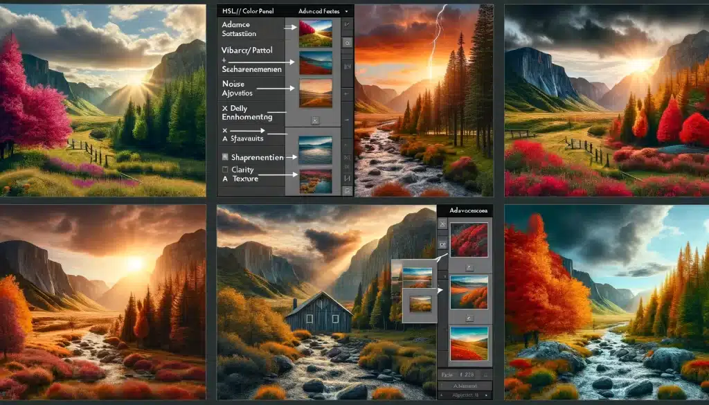 Collage showcasing Lightroom’s color grading and detail enhancement tools