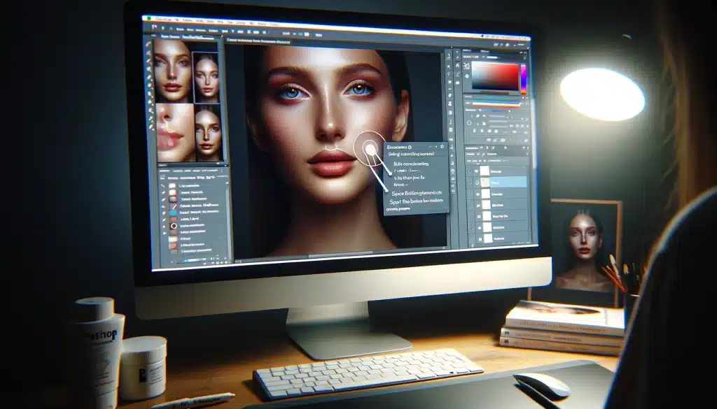 Detailed view of Photoshop workspace showing tools for basic skin smoothing on a computer screen