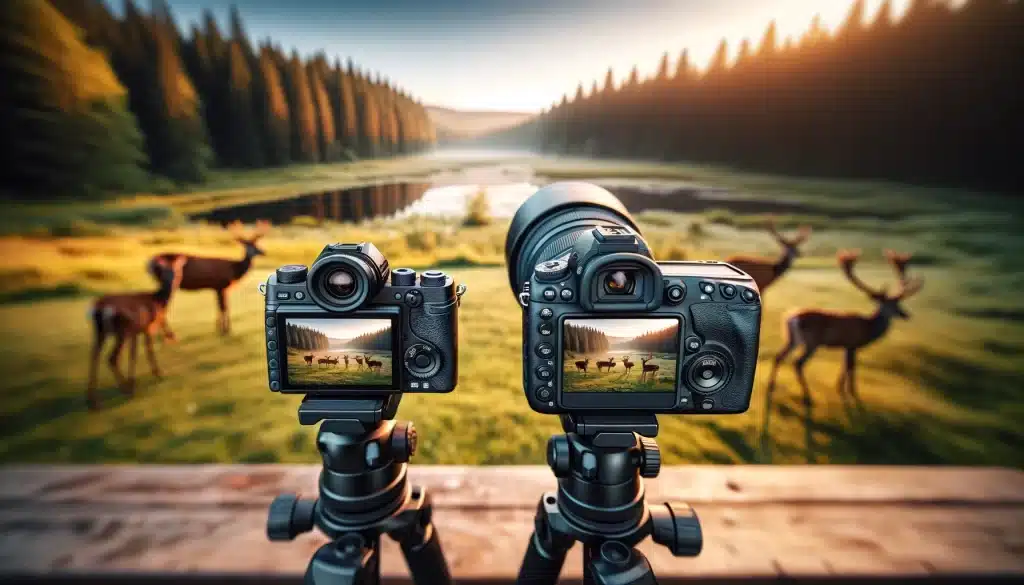 Side-by-side comparison of a compact mirrorless camera and a larger DSLR camera on tripods in nature, focusing on distant wildlife.