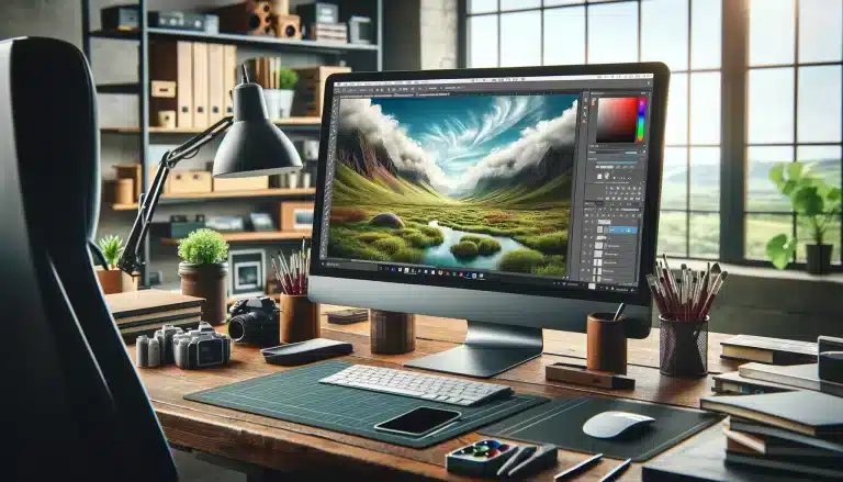 Photoshop setup in a modern studio showing landscape image adjustment