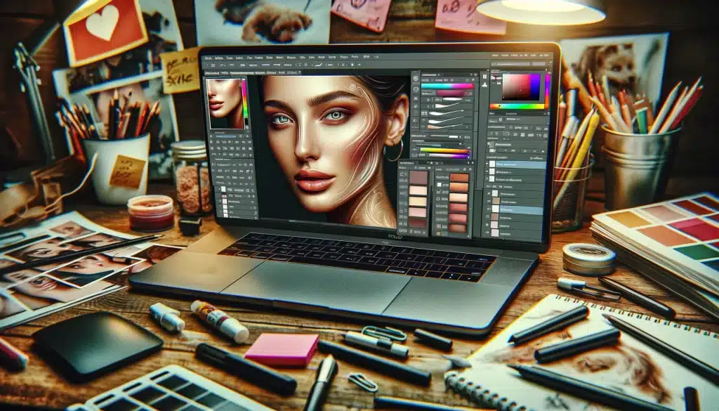 Laptop displaying Photoshop with a tutorial on skin enhancement tips like dodge and burn, and color correction