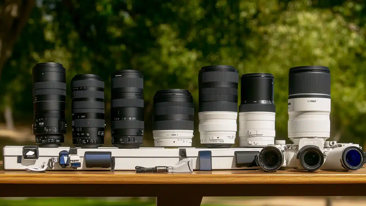 A collection of popular zoom lenses for wildlife photography displayed on a table, showcasing various brands and focal lengths.