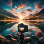 Panoramic view of a mountain lake at dawn with vibrant sky hues and a DSLR camera on a tripod.