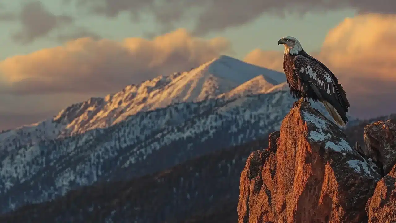 A majestic bird perched on a rocky cliff, overlooking a scenic landscape, captured in vibrant natural light.