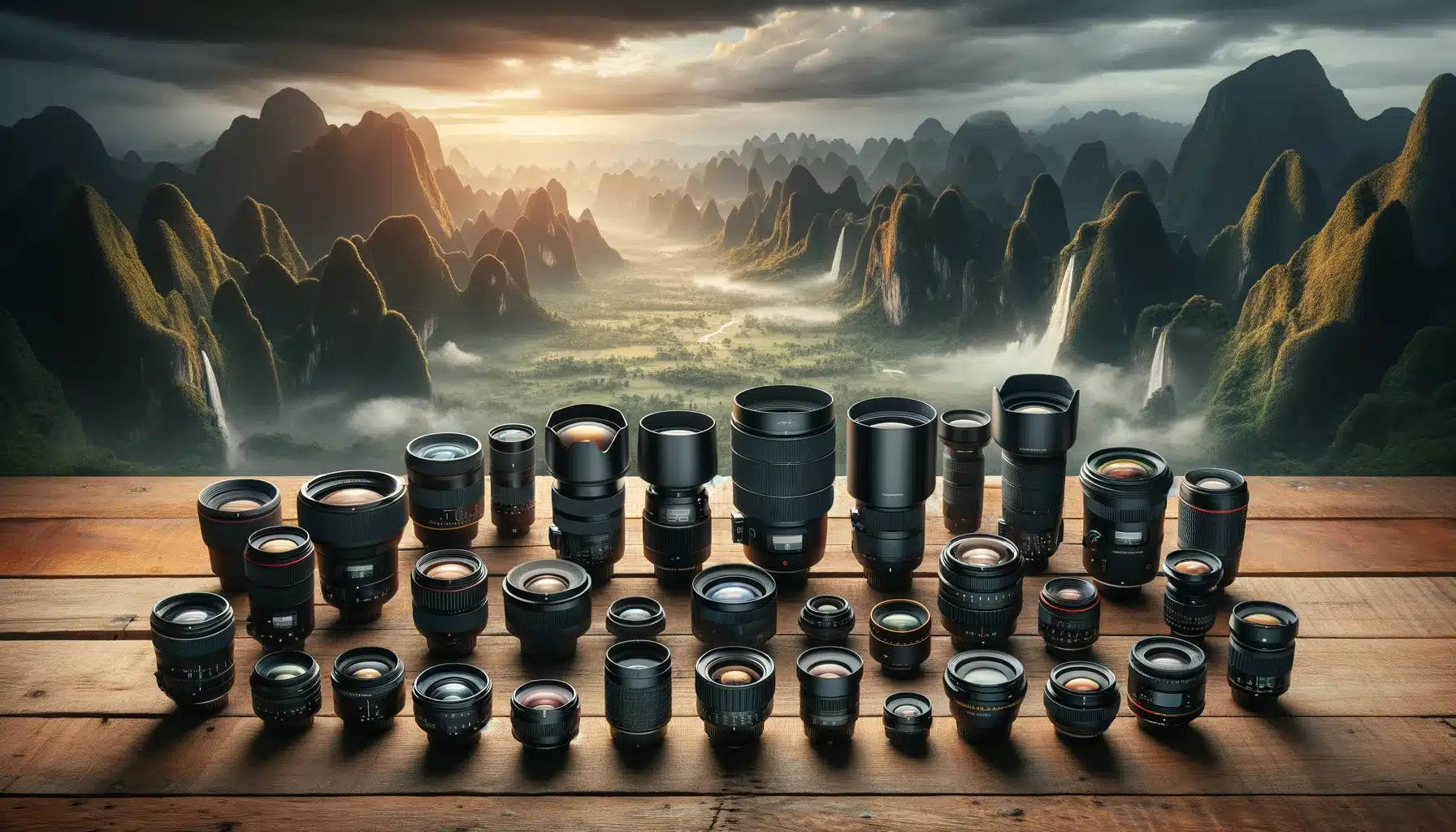 Variety of camera lenses on a table, from wide-angle to telephoto, with a landscape background.