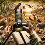 Wildlife photographer in natural habitat capturing diverse wildlife subjects, with camera on tripod and binoculars, symbolizing the essence of wildlife photography.