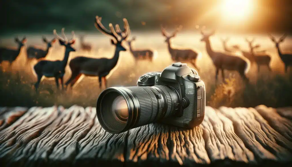 High-quality DSLR camera with telephoto lens against a natural background, highlighting its importance in wildlife photography.