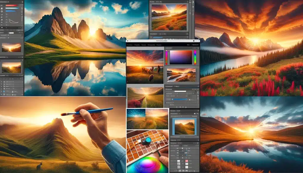 A collage of landscape editing techniques including software adjustments and healing tools