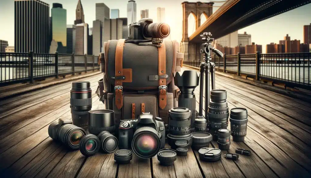 Essential gear for urban landscape photography with a digital camera, various lenses, tripod, and camera bag against an urban backdrop.
