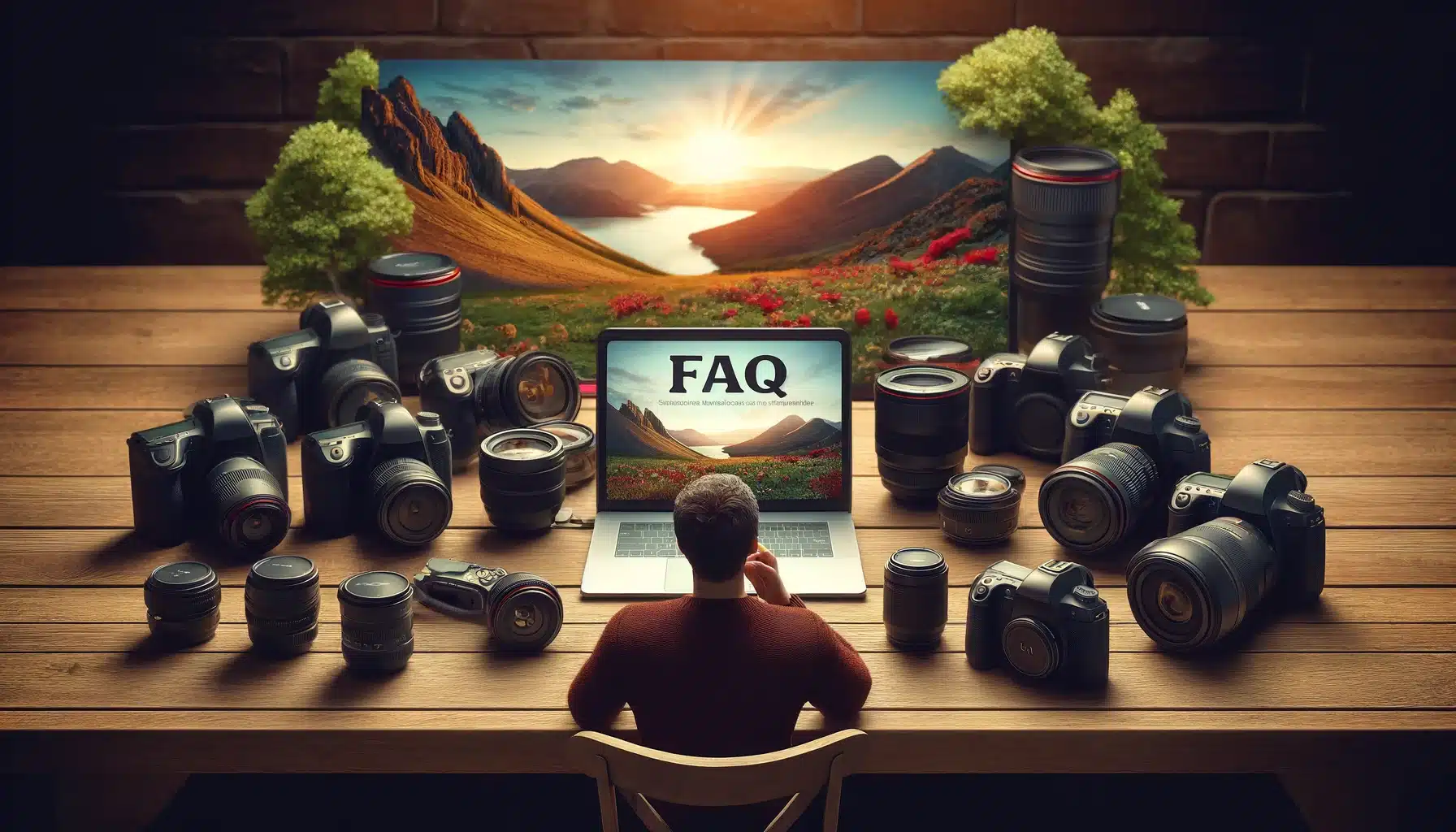 Photographer consulting a FAQ page on a laptop with various cameras laid out in a scenic setting.