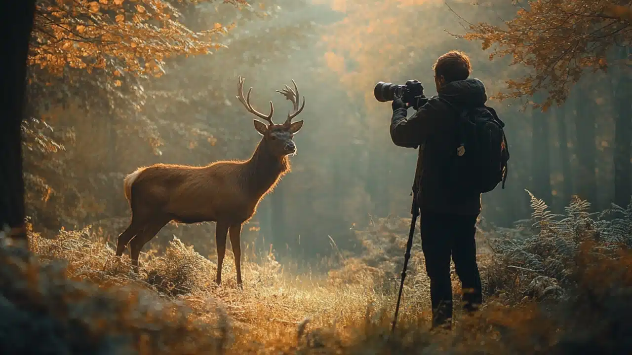 A photographer capturing an image of a deer in the wild, showcasing wildlife photography.