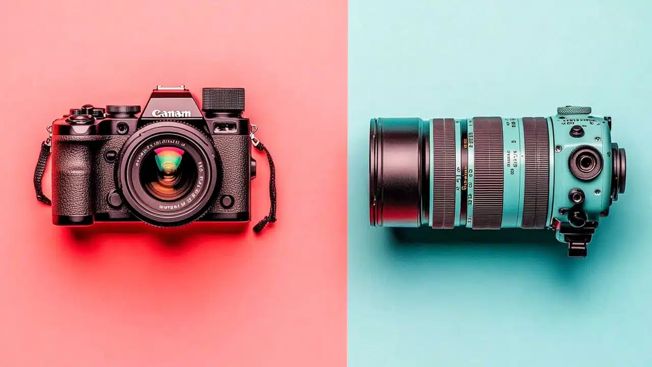 A camera mounted with both a zoom lens and a prime lens displayed side by side, illustrating the differences between the two types of lenses.