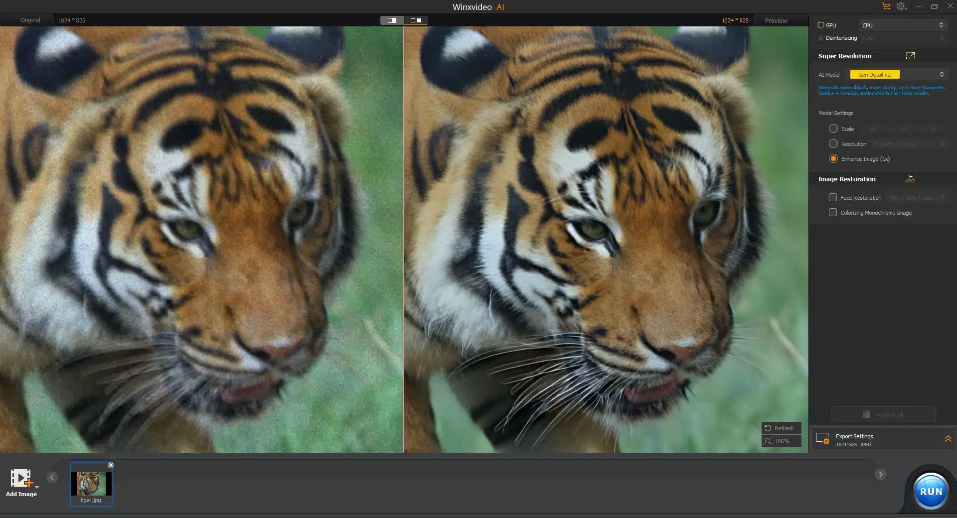 A comparison of a grainy tiger image before and after processing with Winxvideo AI to enhance clarity and detail.