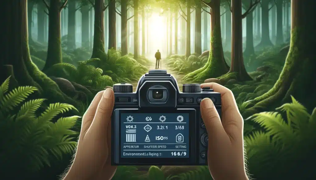 Photographer in a forest adjusting camera settings shown through icons.