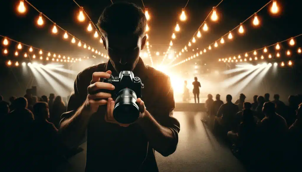 Photographer adjusting camera settings at a night event after Exposure Triangle