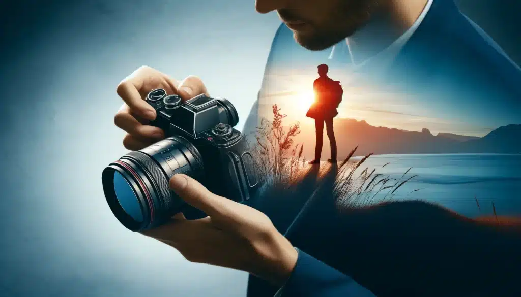 A photographer adjusts a '2 exposure camera' with a backdrop showing a merged scene of a person and a landscape, illustrating the double exposure effect.