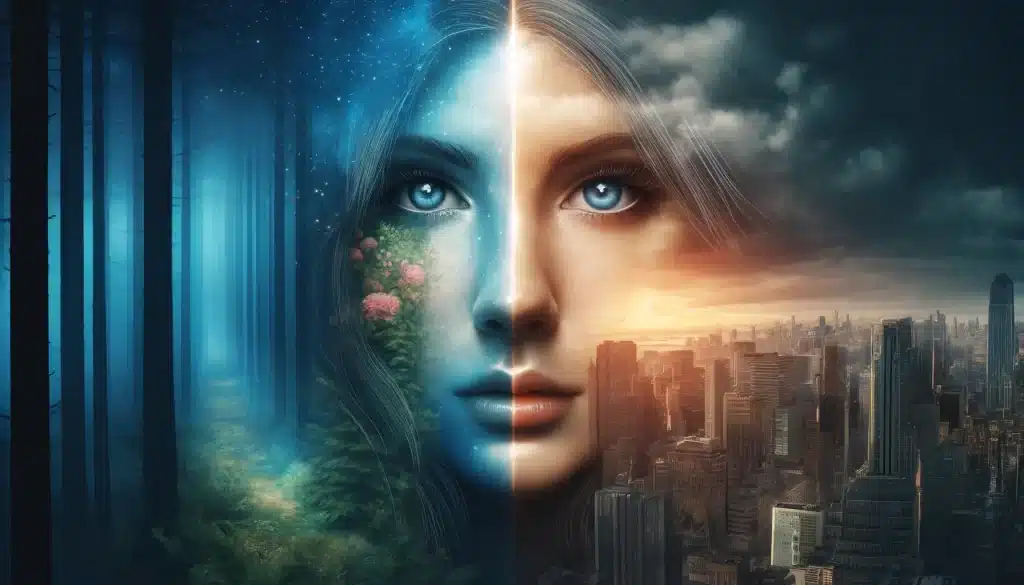A split-view image comparing Merged Exposures and HDR, showing a surreal portrait-forest blend and a detailed cityscape respectively.