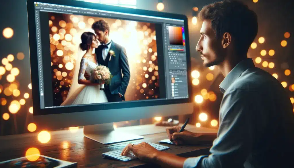 Photographer enhancing bokeh effects in a wedding photo using Photoshop