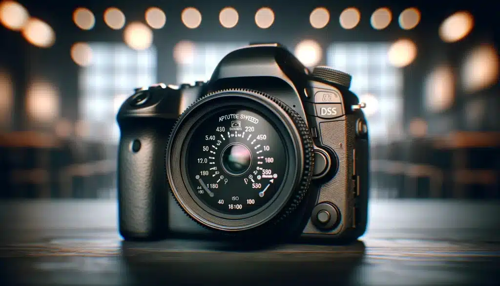 Professional DSLR camera showing aperture, shutter speed, and ISO settings in a studio setting for What is Exposure Triangle