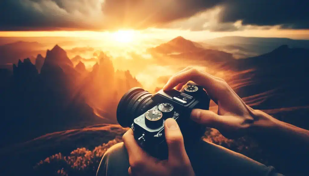 Photographer adjusting camera during golden hour in a landscape setting.