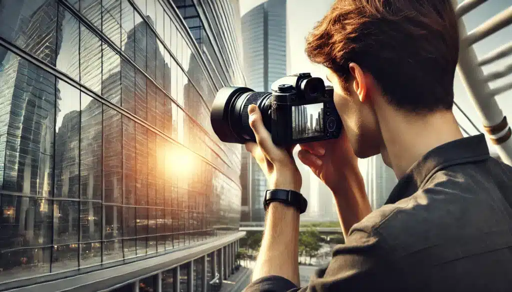 A photographer capturing the reflection of skyscrapers on a shiny glass building in an urban setting, with the sun casting a warm glow on the surface. Image is also showing How to Photograph Shiny Objects, Photographing Shiny Objects and Shiny Objects Photography.