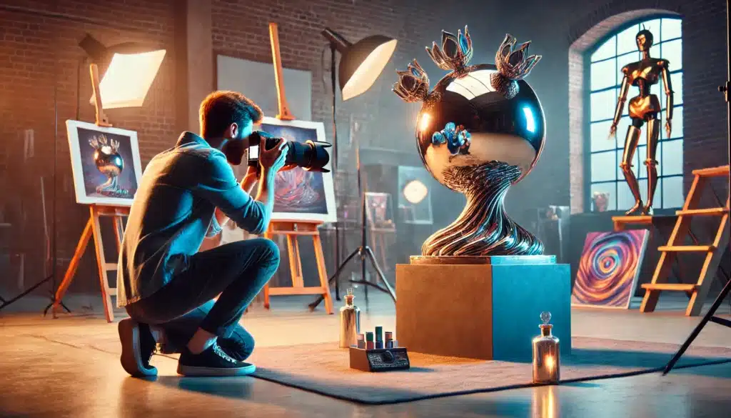 A photographer capturing an image of a shiny, reflective sculpture in a well-lit studio, surrounded by professional lighting and art pieces. Image also depicts How to Photograph Shiny Objects and Shiny Objects Photography.