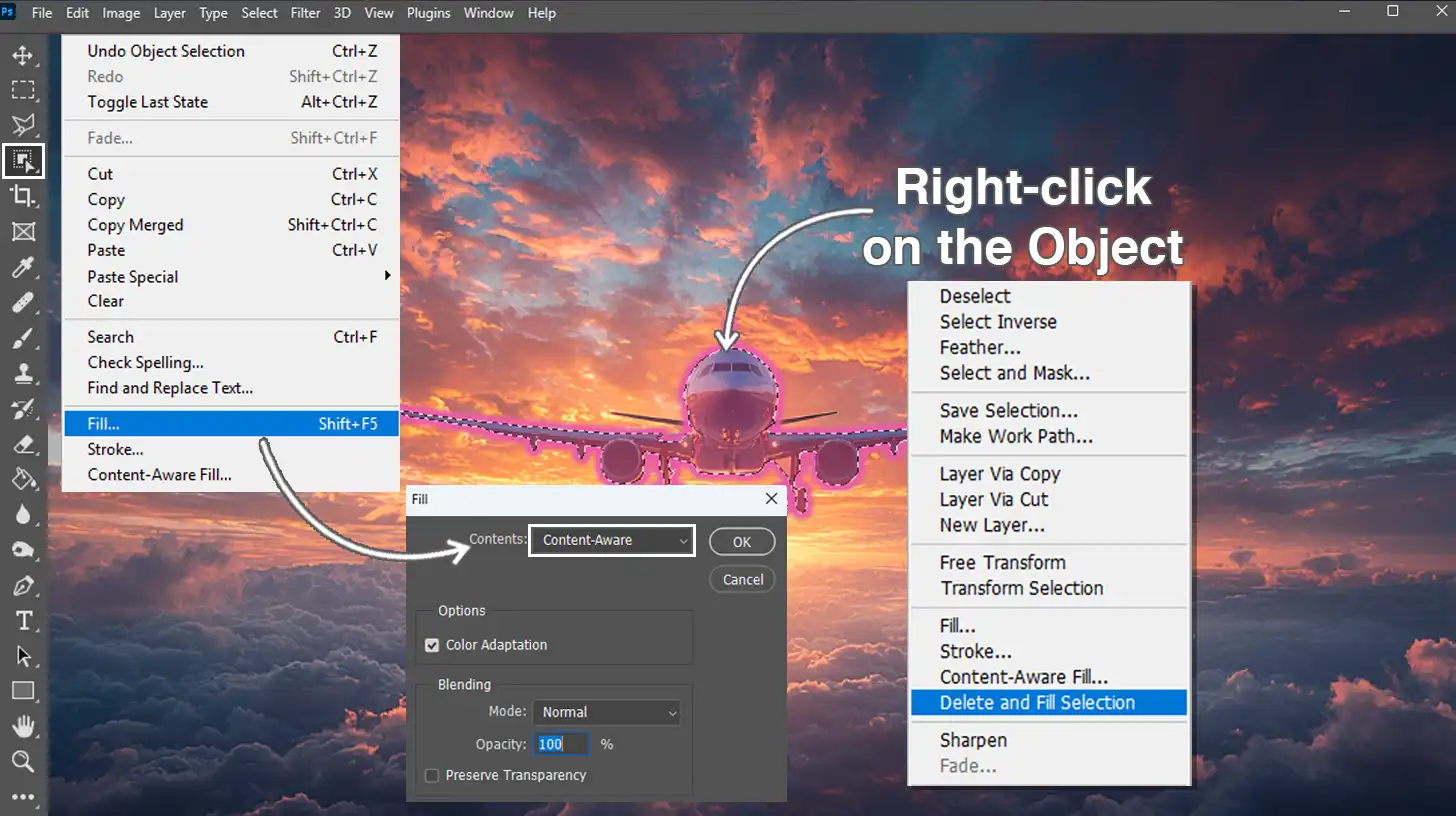 A screenshot showing how to use the Object Selection Tool in Adobe Photoshop