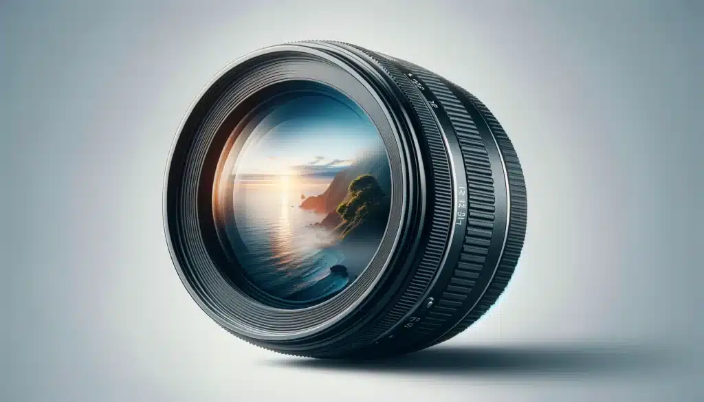 A camera lens merges with a serene landscape, depicting Mmerged scene