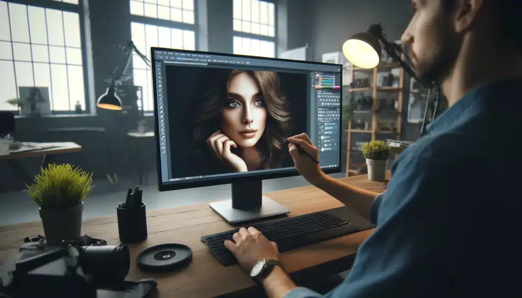 Digital artist enhancing a portrait using modern skill on a high-end monitor
