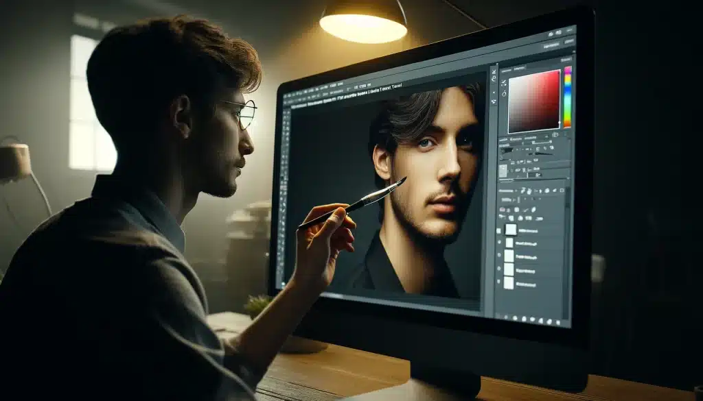Digital artist using the Spot Healing Brush Tool on a portrait in Photoshop