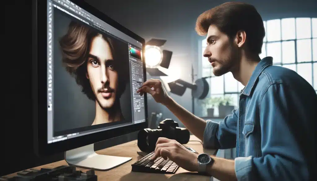 Professional photographer adjusting depth of field in Photoshop in a studio