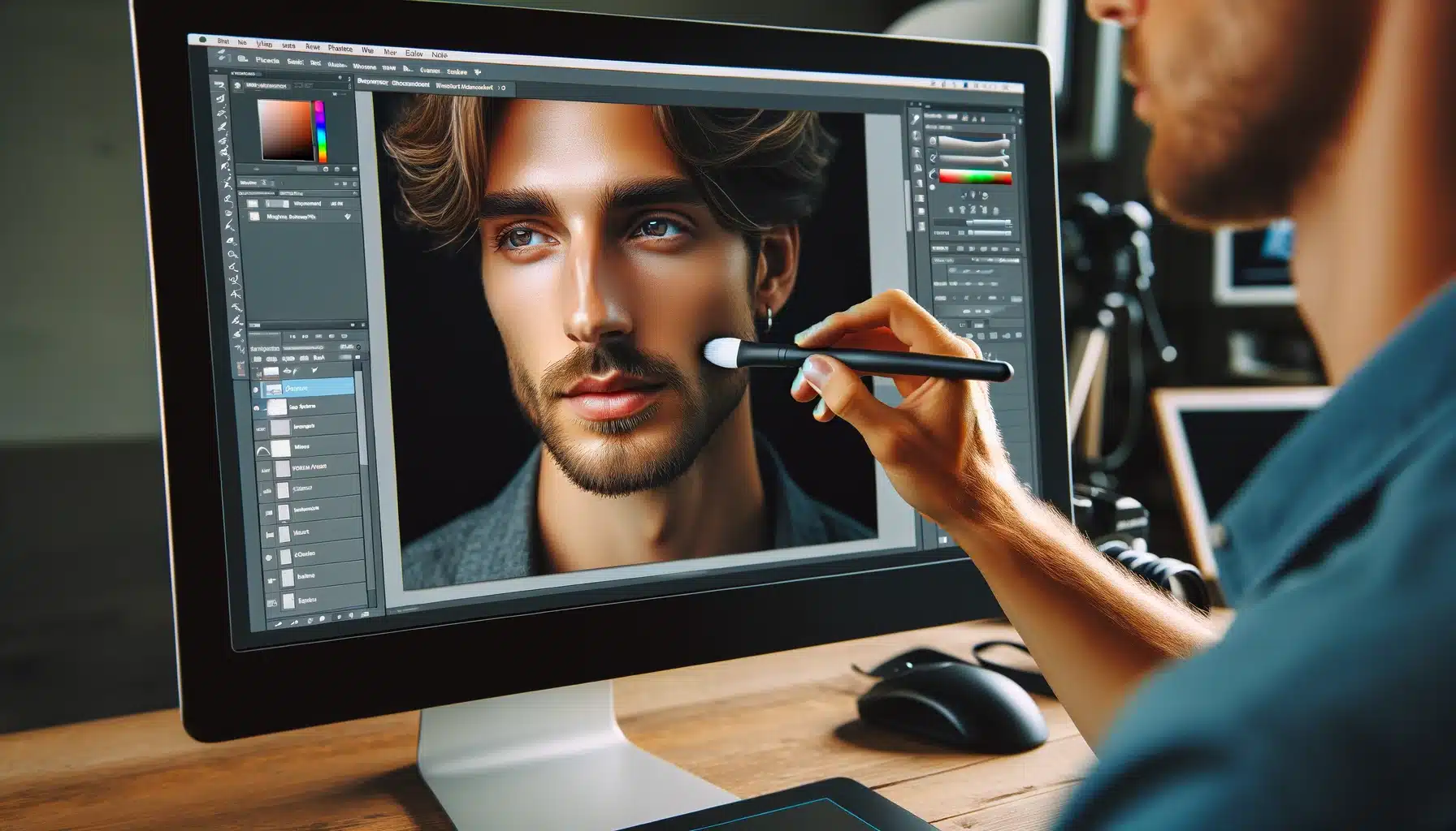Photographer using Brush Tool in Photoshop on a portrait
