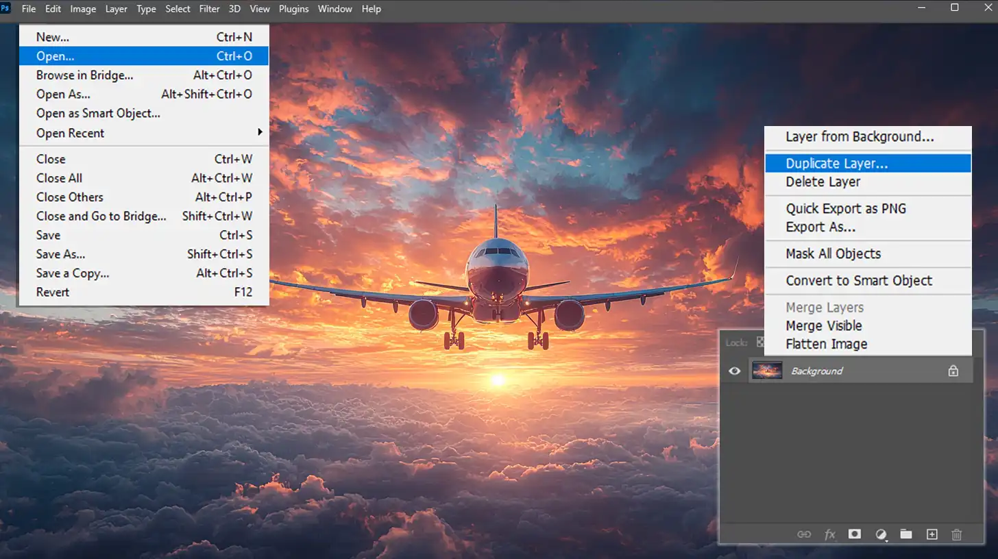 A screenshot showing how to open an image in Adobe Ps and duplicate the background layer