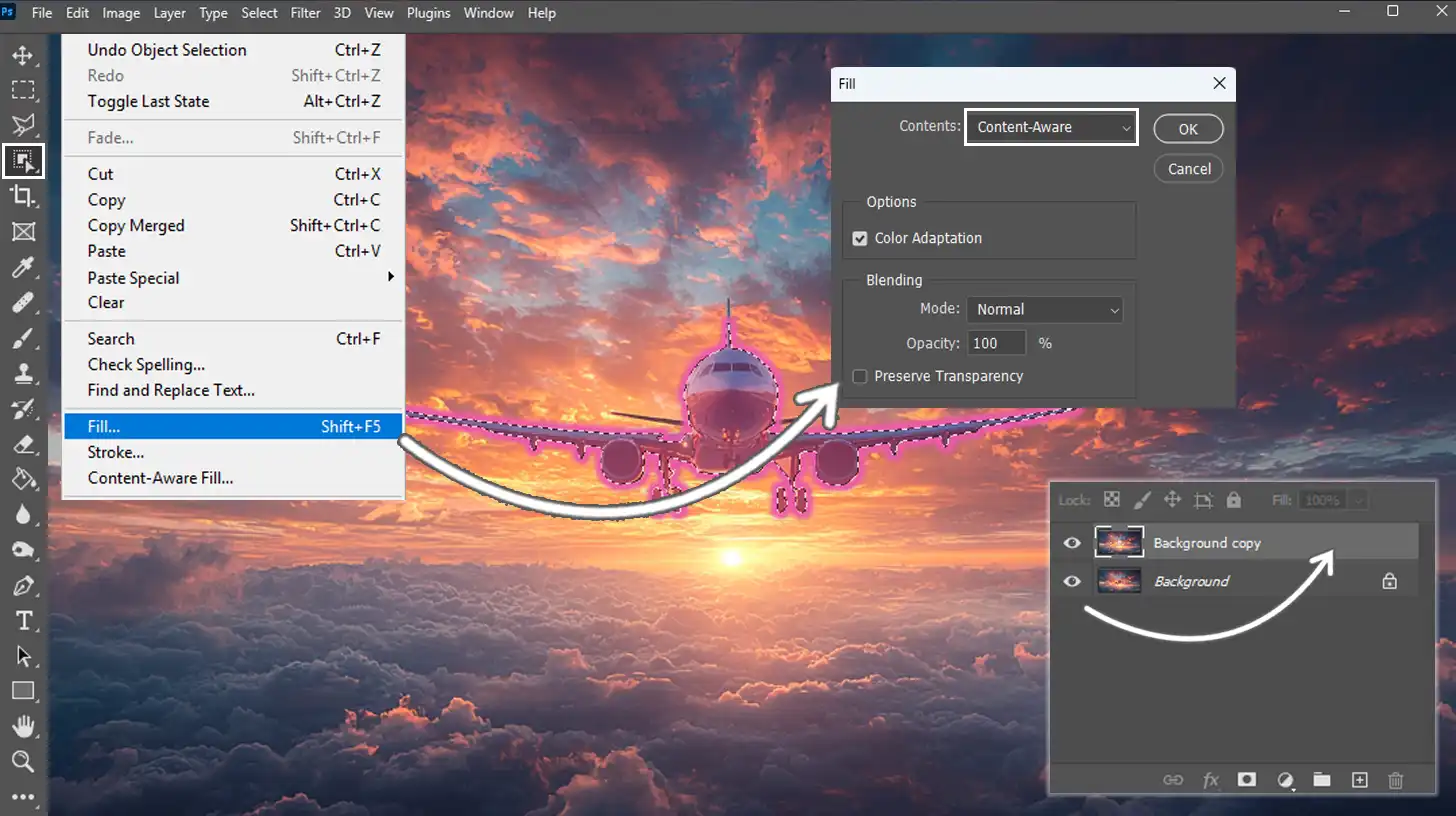 A screenshot displaying the sleection of the duplicate layer to apply the Fill option to remove the unwanted object in Adobe Ps