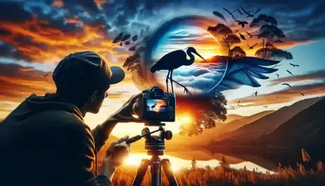 A photographer captures a double exposure image, blending a sunset with the silhouette of a bird, showcasing the creative potential of photography.