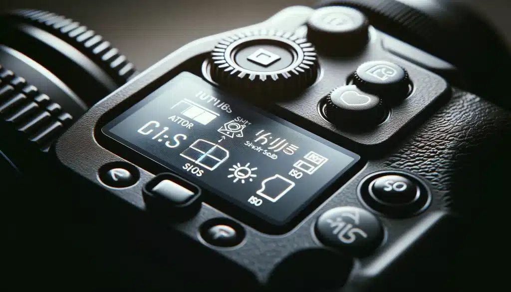 Camera display with icons for aperture, shutter speed, and ISO settings.