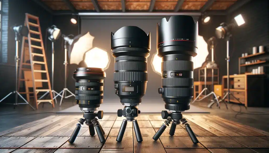 Comparison of compact prime lens and larger zoom lens on DSLR cameras in a photography studio.