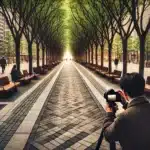 Photographer capturing a city park pathway with trees and benches and showing visual weight in composition.