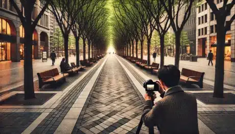 Photographer capturing a city park pathway with trees and benches and showing visual weight in composition.