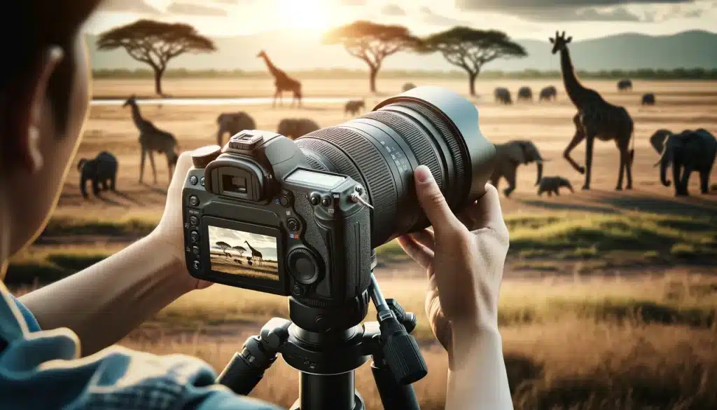 Photographer using a zoom lens for wildlife photography in a natural setting.