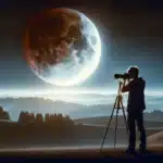 Photographer using both smartphone and DSLR on tripods to capture lunar eclipse.