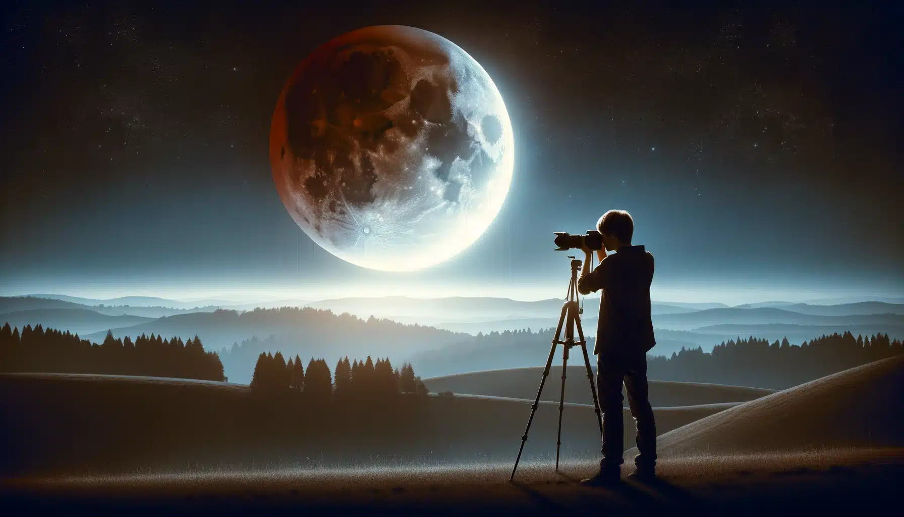 Photographer using both smartphone and DSLR on tripods to capture lunar eclipse.