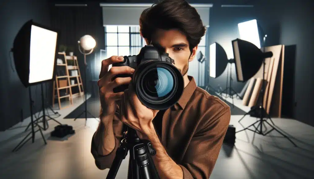 Professional photographer fine-tuning a DSLR with a zoom lens in a well-equipped photography studio.
