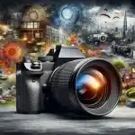 Cameras with prime and zoom lenses against a mixed backdrop of nature, urban, and studio scenes, symbolizing photography's versatility.